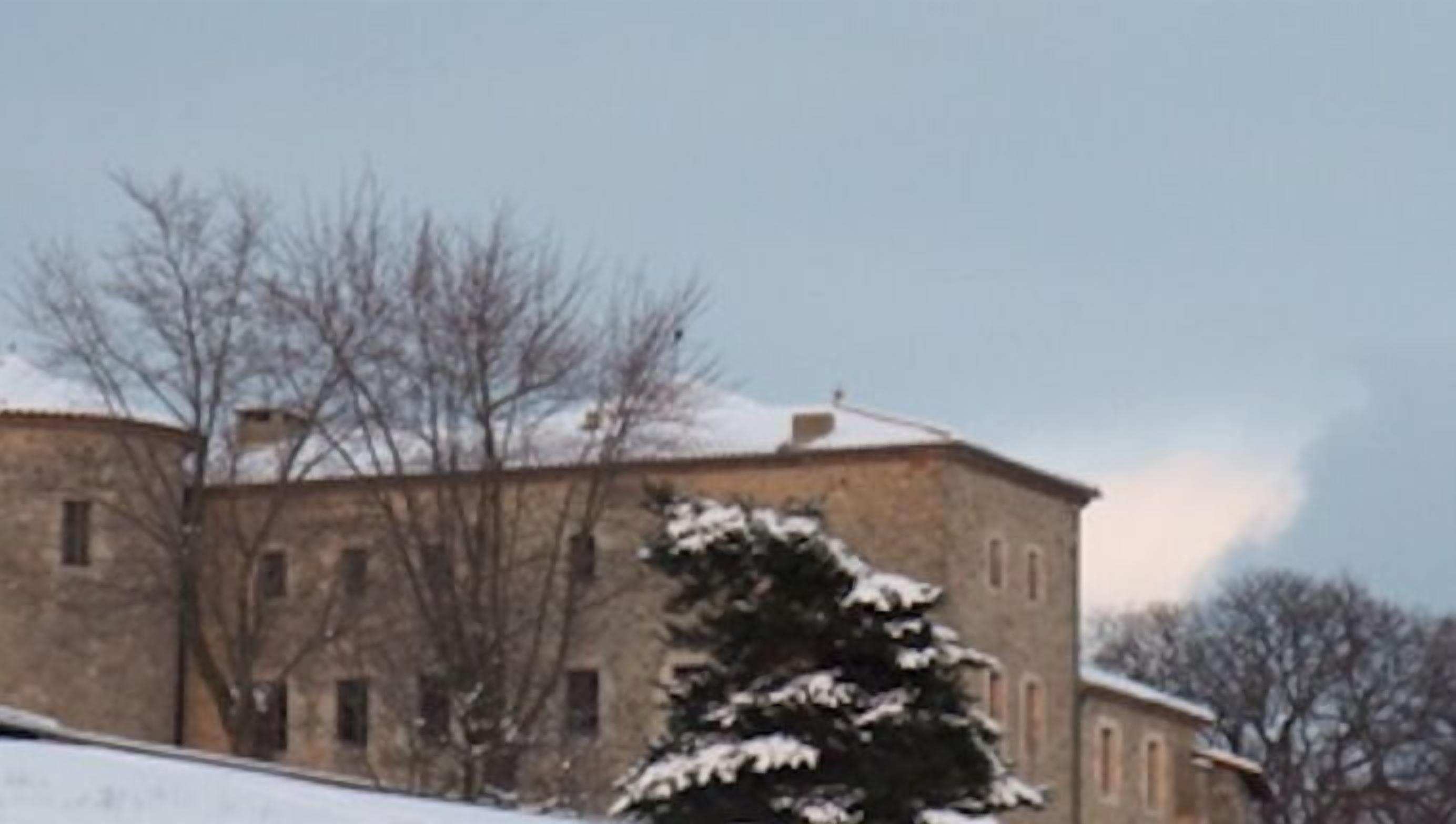 A building with a symmetrical facade, multiple windows, and snow on the roof and surrounding trees.