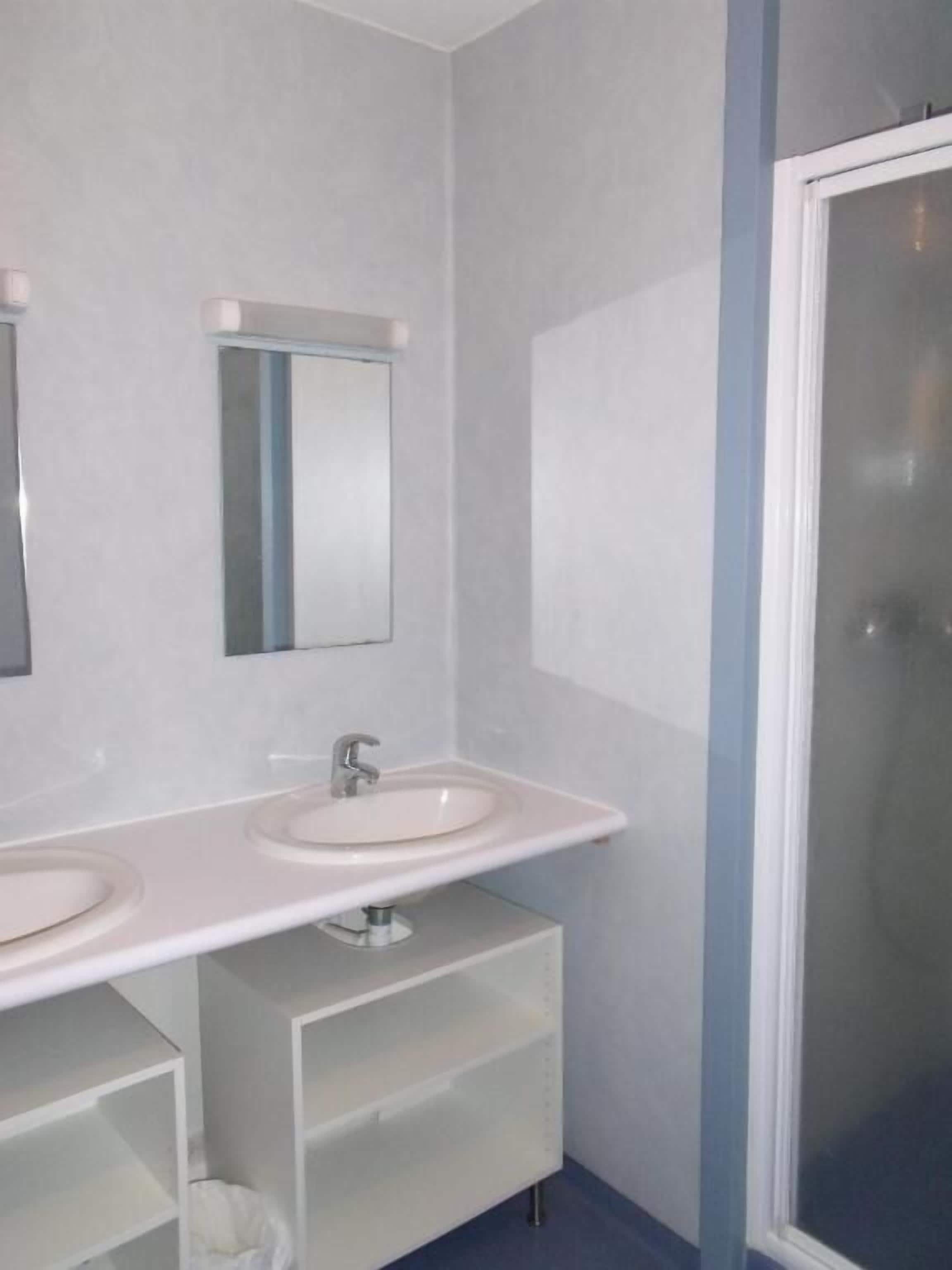 A modern bathroom with two sinks, a mirror, and a shower.