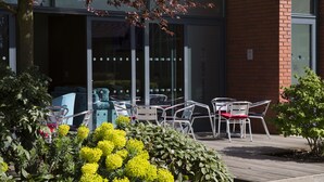 Een terras met metalen stoelen en tafels, omgeven door groen en een gebouw met glazen deuren.