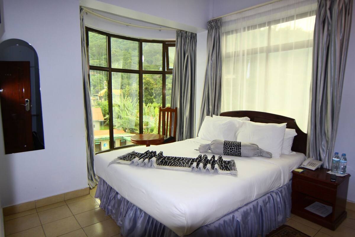 A hotel room with a large bed, a chair, a nightstand with a phone and water bottles, and a view of greenery through a large window.