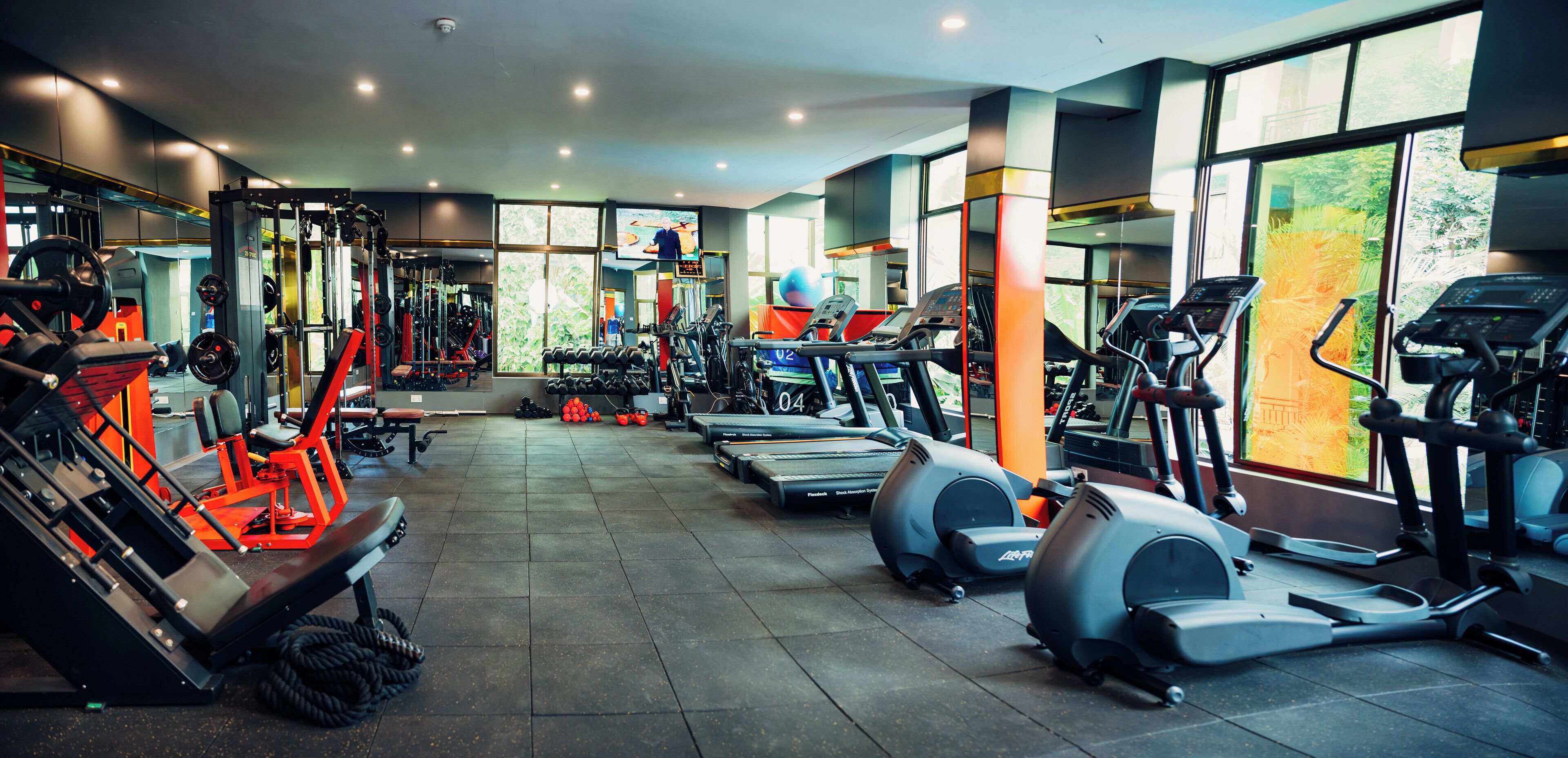 A gym with treadmills, weight machines, and free weights.