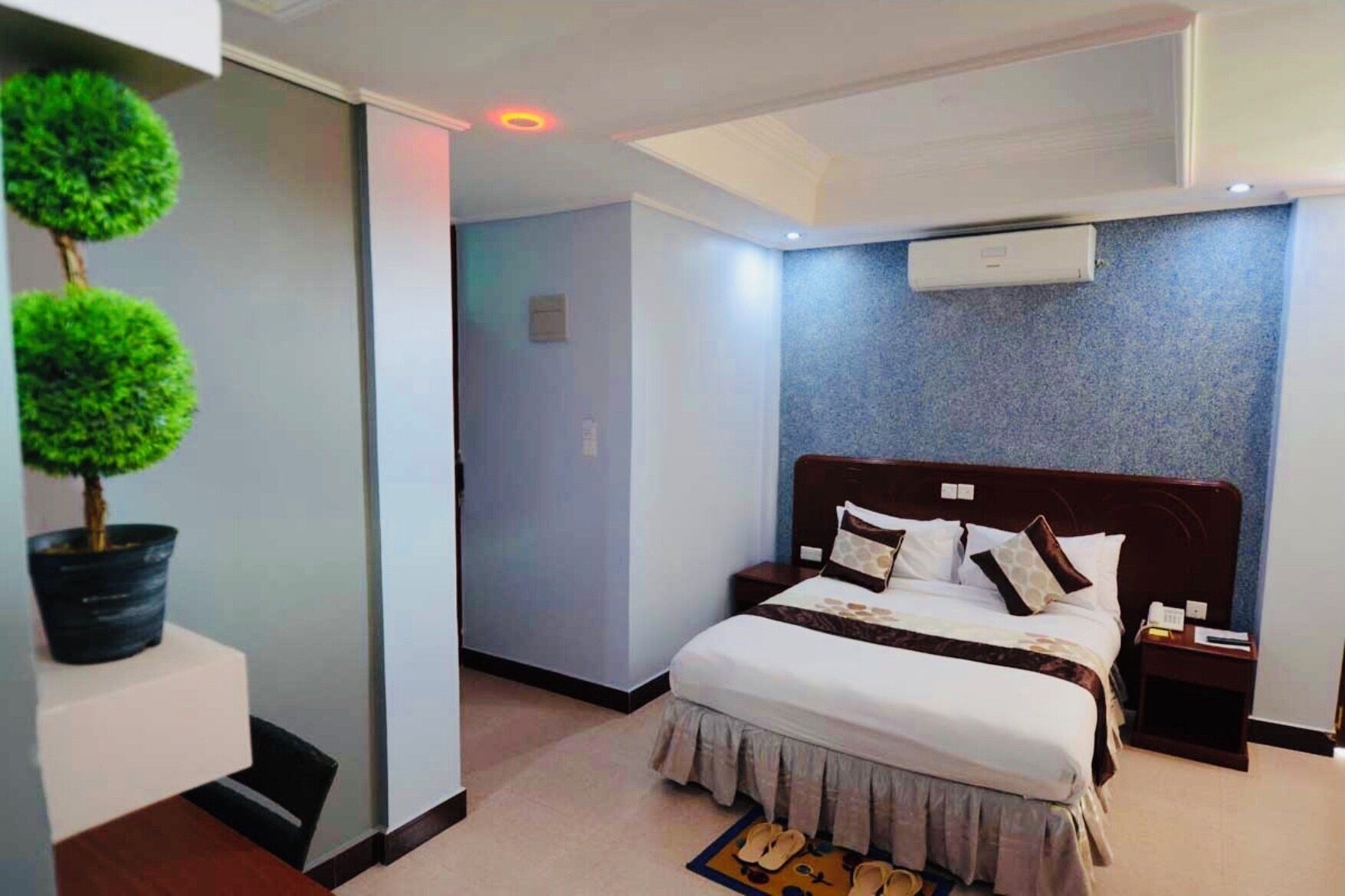 A modern hotel room with a large bed, a nightstand, a potted plant, and an air conditioning unit on the wall.