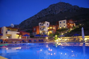 Outdoor pool, a rooftop pool, pool umbrellas, pool loungers