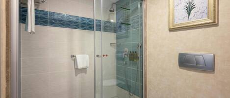 A glass-enclosed shower with a white toilet and a framed floral artwork on the wall.