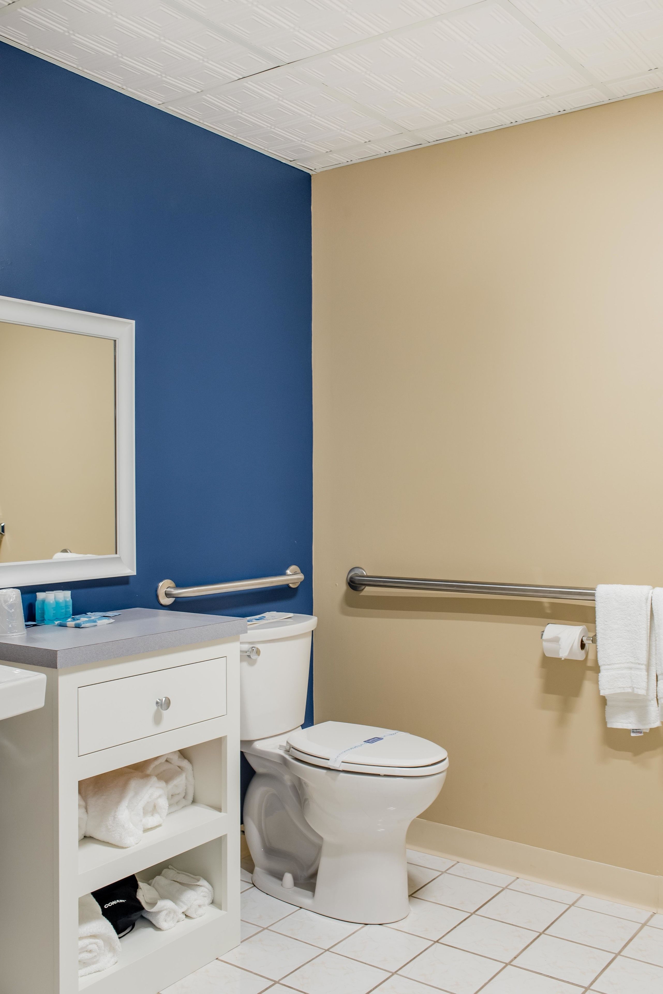 Een badkamer met een wit toilet, een wastafel met spiegel en een handdoekhouder.