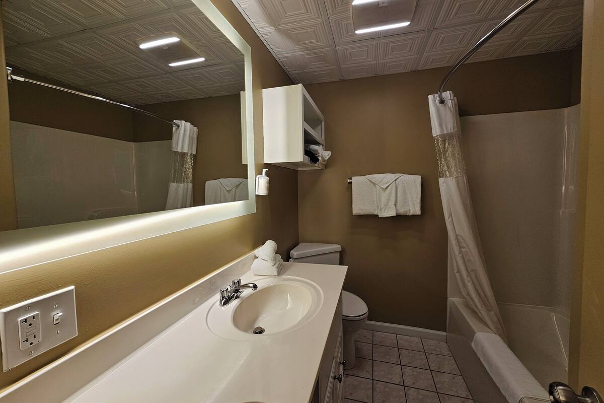 combined shower/bathtub, eco-friendly toiletries, hair dryer, towels