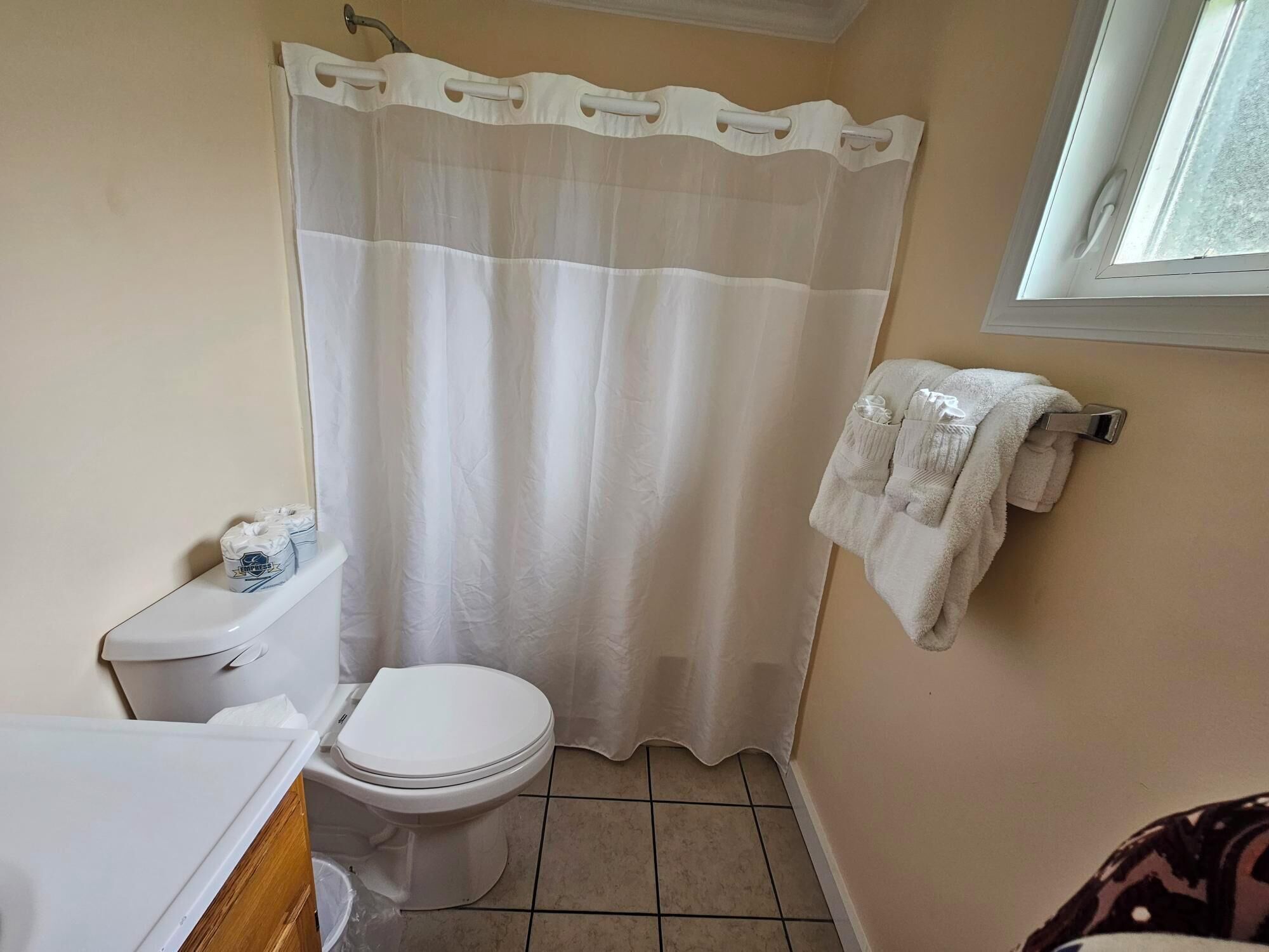 A small bathroom with a toilet, a shower curtain, and a towel rack.