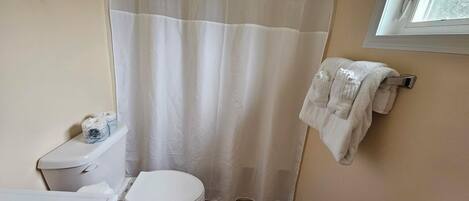 A small bathroom with a toilet, a shower curtain, and a towel rack.