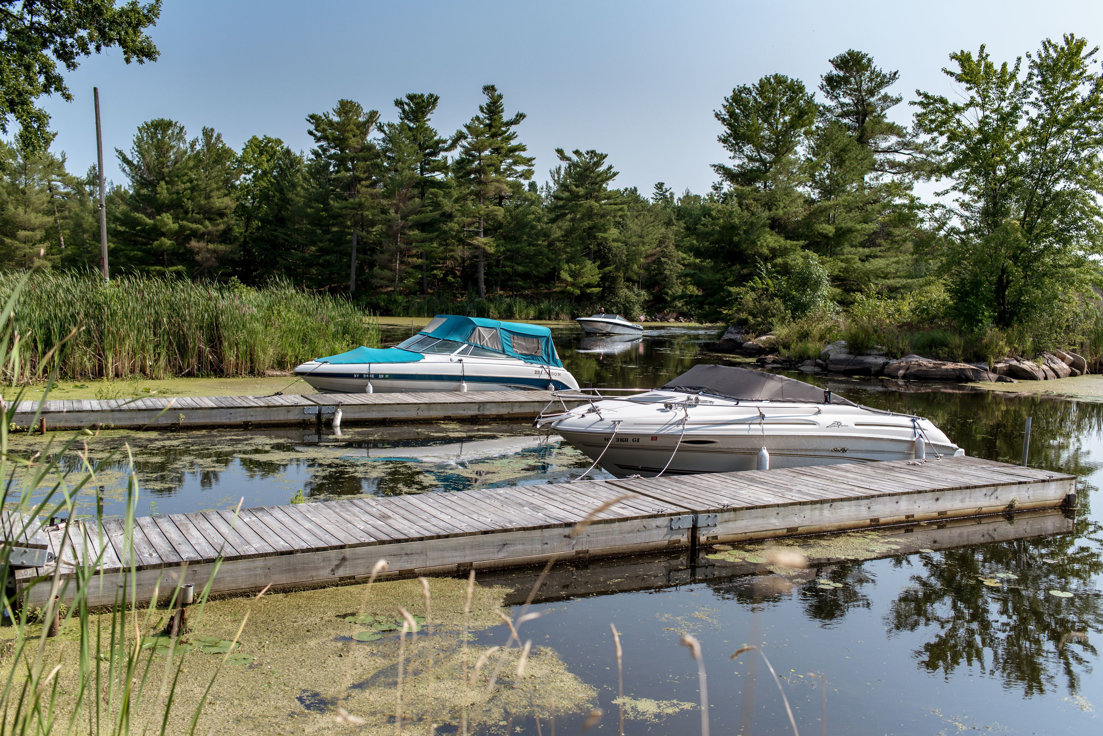 A calm lake with two boats docked at wooden piers surrounded by dense trees.