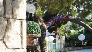 A stone wall with a 'WELCOME' sign, a tree with a curved branch, and a street view with a fence and a building in the background. - 123 Soleil Studios (Aegina)