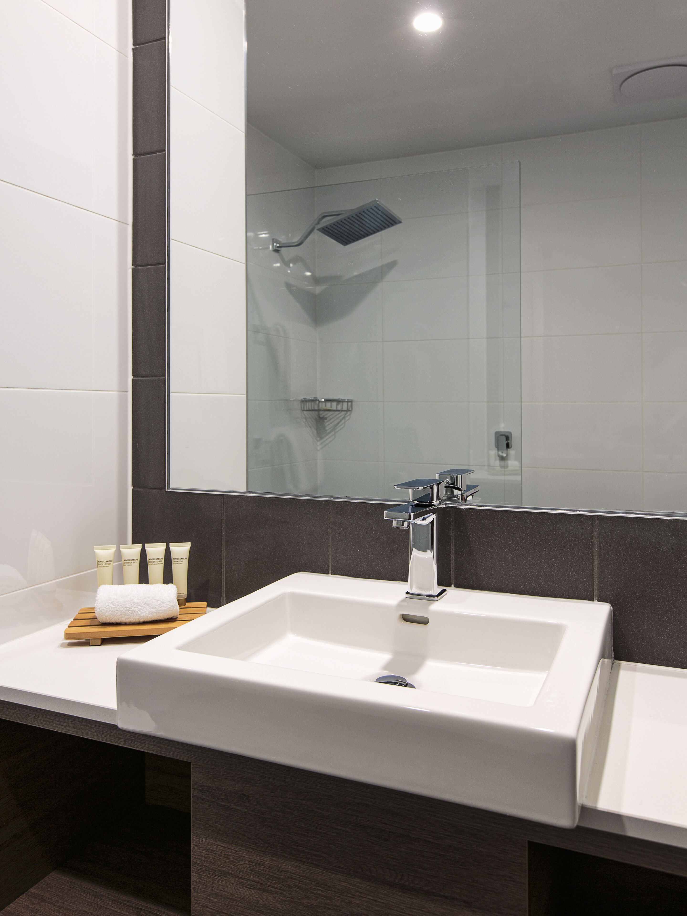 shower, eco-friendly toiletries, hair dryer, towels