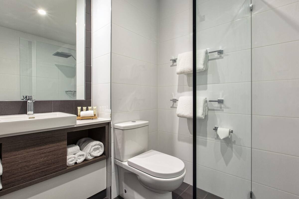 A modern bathroom with a glass shower enclosure, a white toilet, and a vanity with a mirror and toiletries.