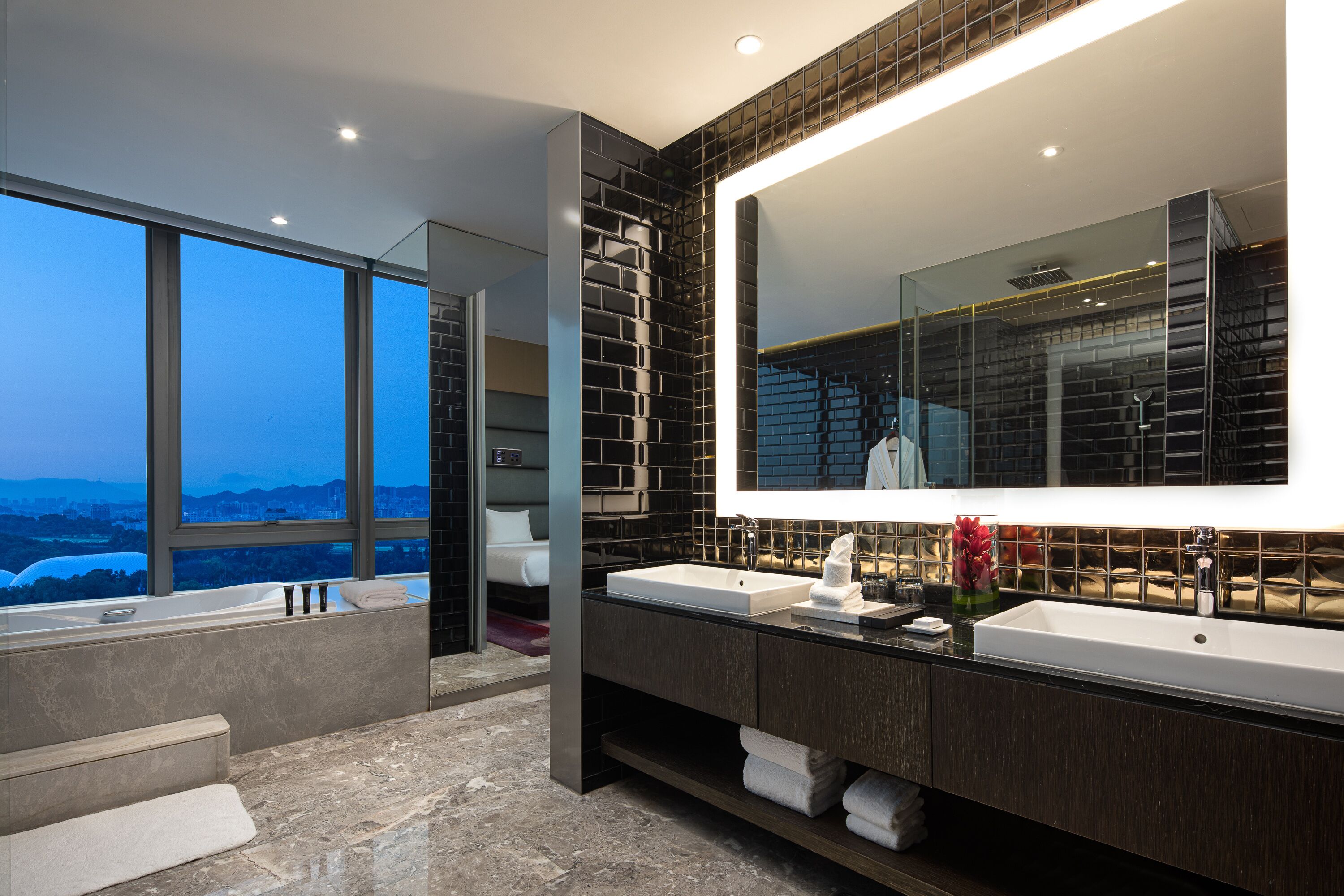 twin room | bathroom | separate bathtub and shower, deep-soaking bathtub, rainfall showerhead