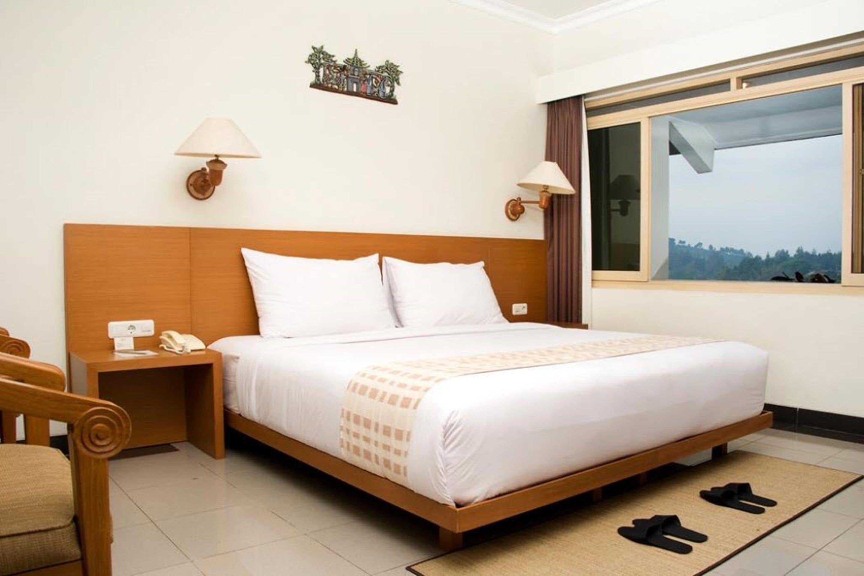 A hotel room with a wooden bed, two bedside tables, a nightstand, a chair, a window with a view, and a wall-mounted lamp.