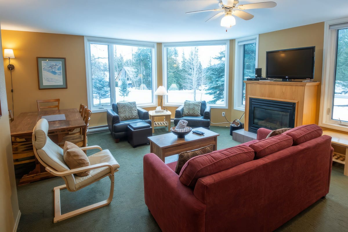 A cozy living room with a fireplace, a television, and large windows offering a view of trees.