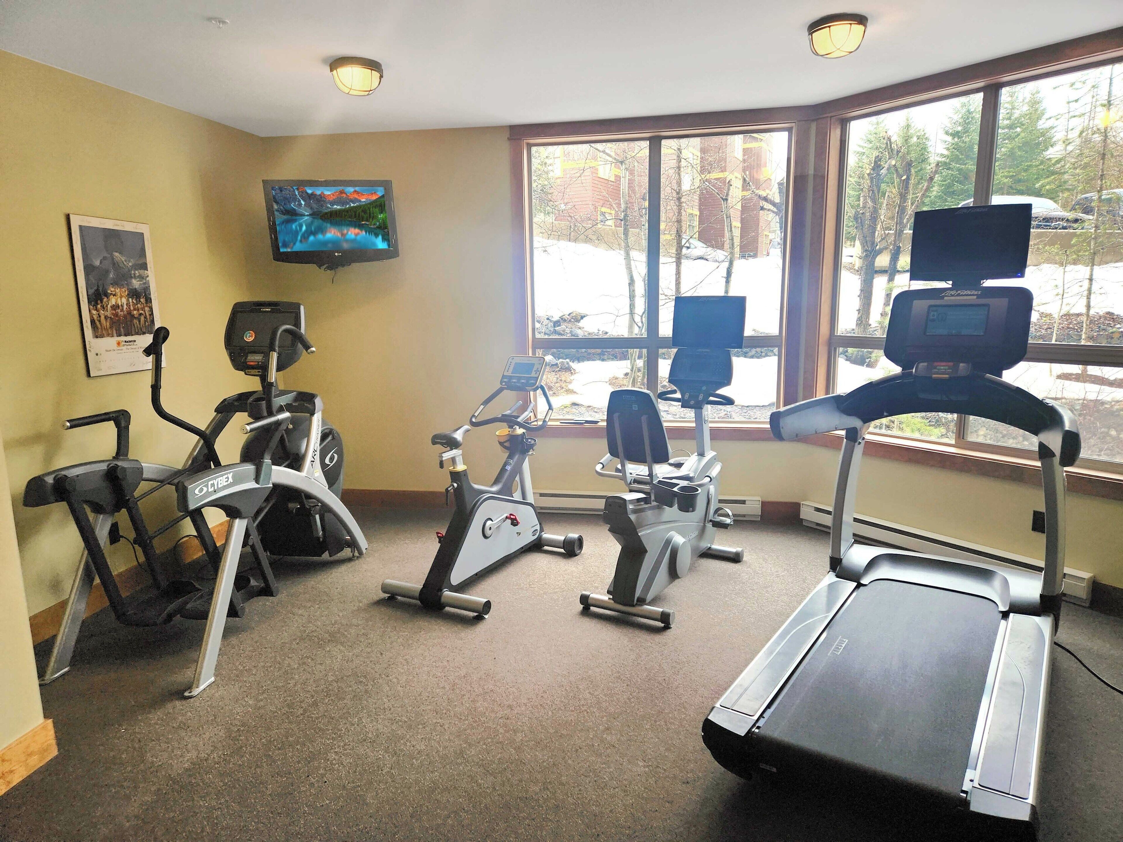 A gym with stationary bikes, an elliptical, and a treadmill.