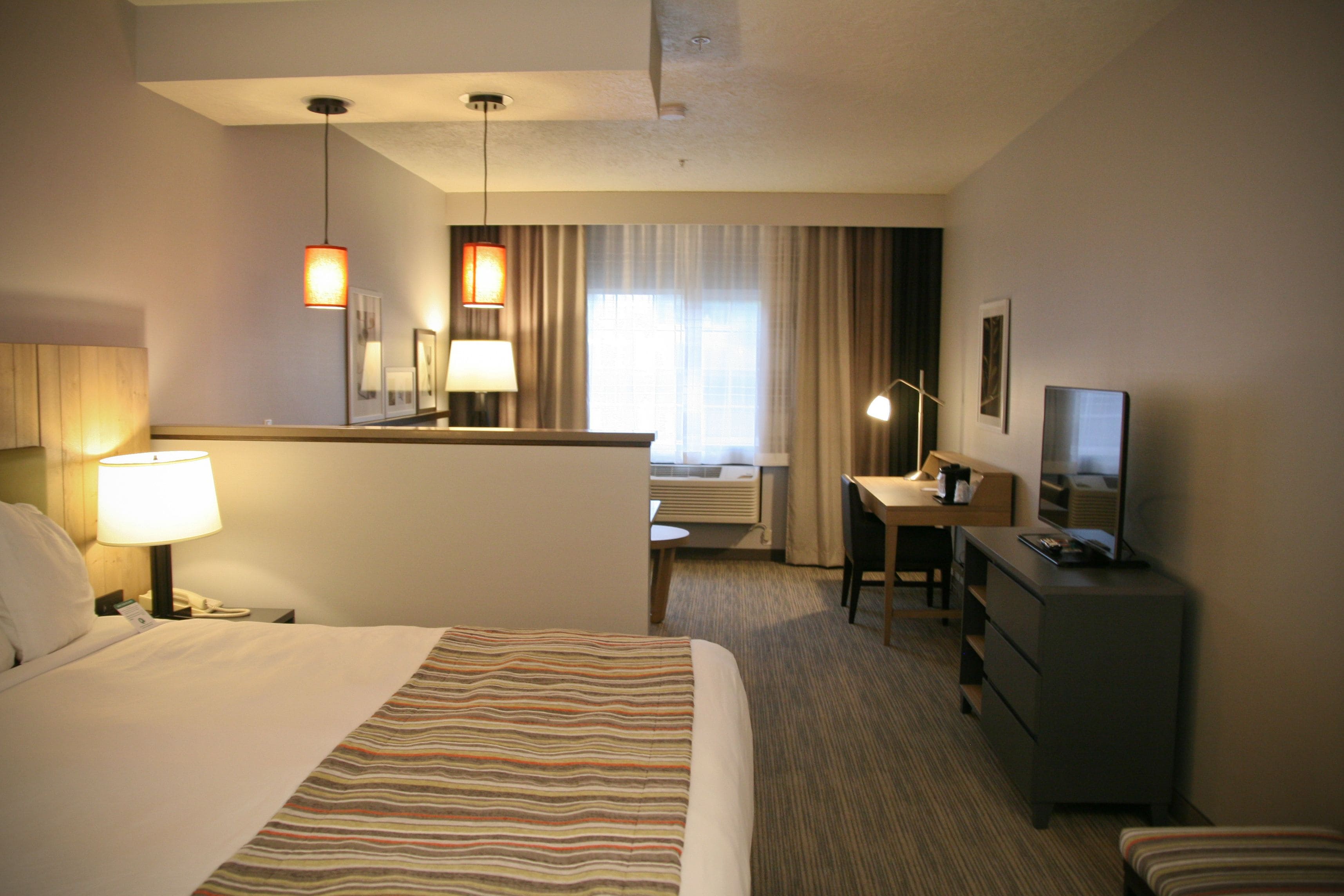 1 bedroom, desk, blackout curtains, iron/ironing board