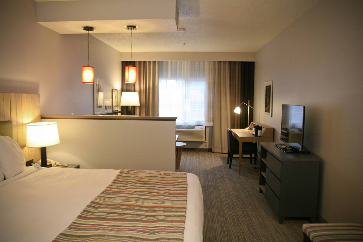 1 bedroom, desk, blackout curtains, iron/ironing board