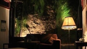 Una habitación con poca luz, un muro de roca artificial, una lámpara, un sofá y una mesita.