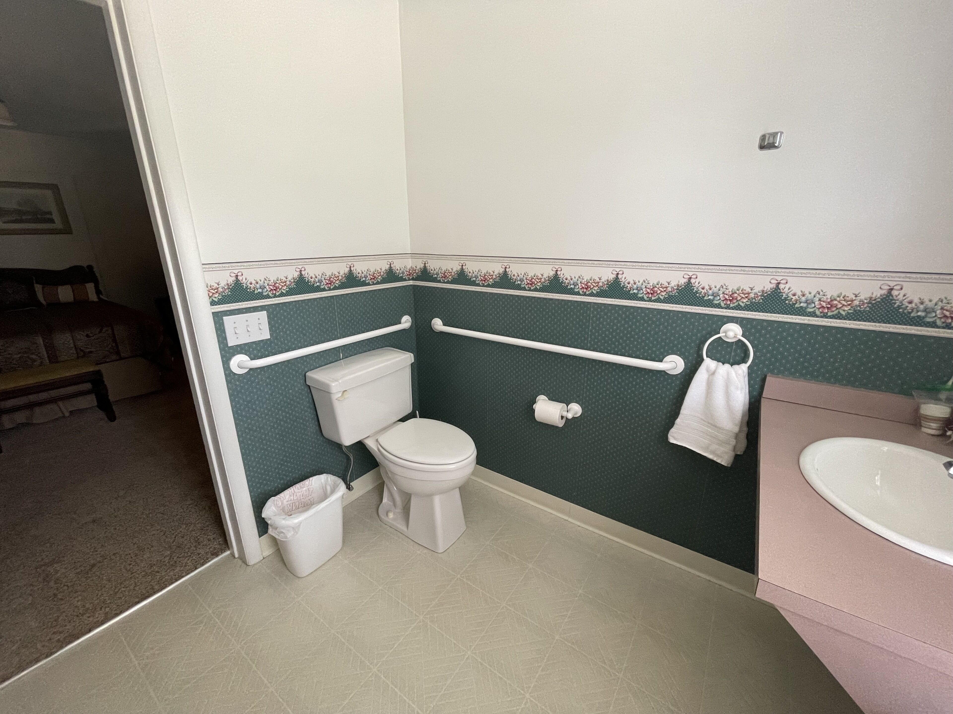 Un bagno con WC, bidet, maniglioni, un cestino e un lavandino.