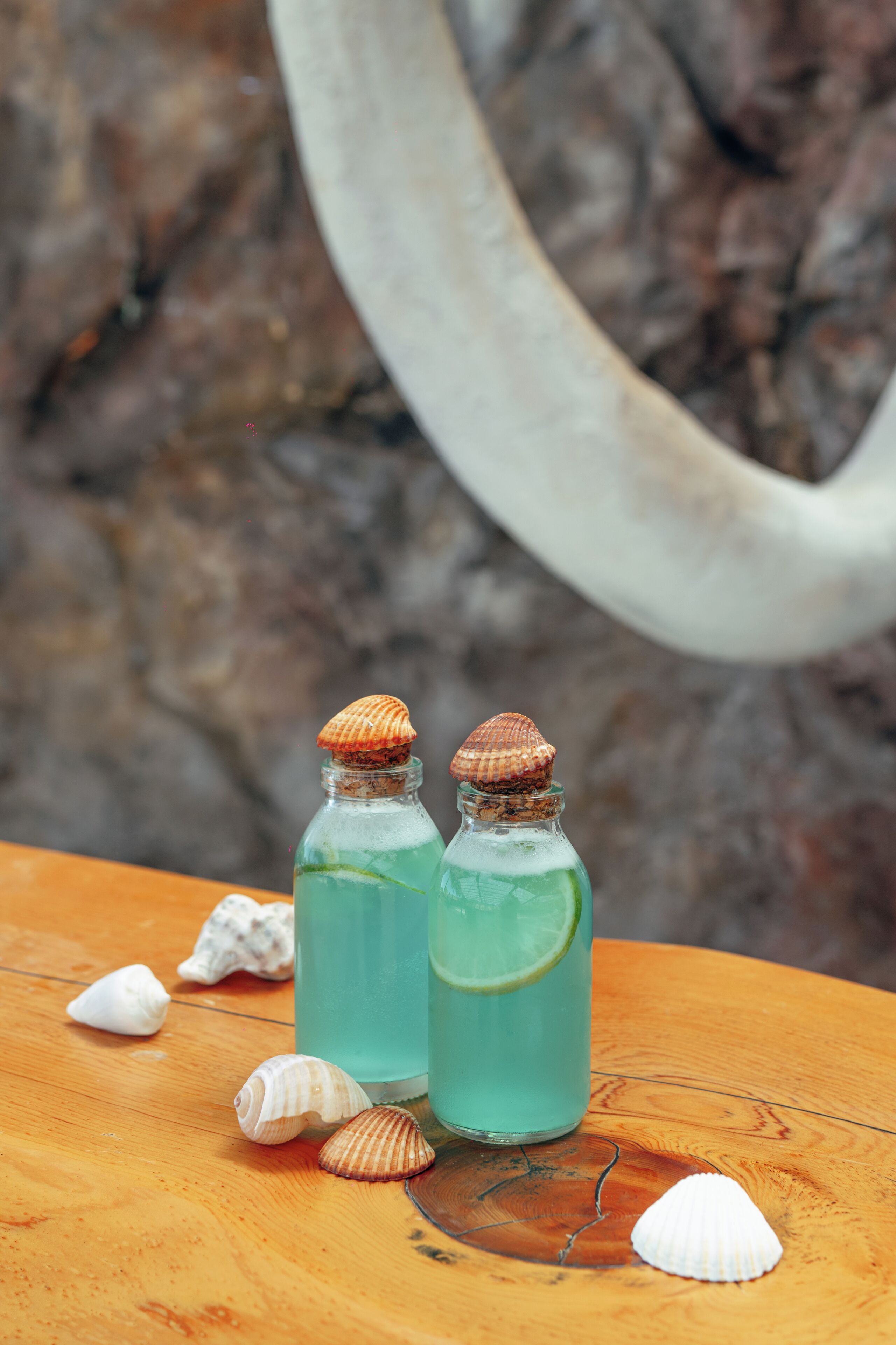 Two glass bottles with sea shells on a wooden surface.