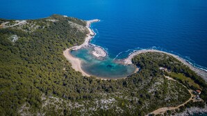 Luchtbeeld van een kustgebied met strand, dicht bos en een rotsachtige kustlijn.