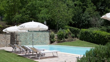 Seasonal outdoor pool, pool umbrellas, sun loungers