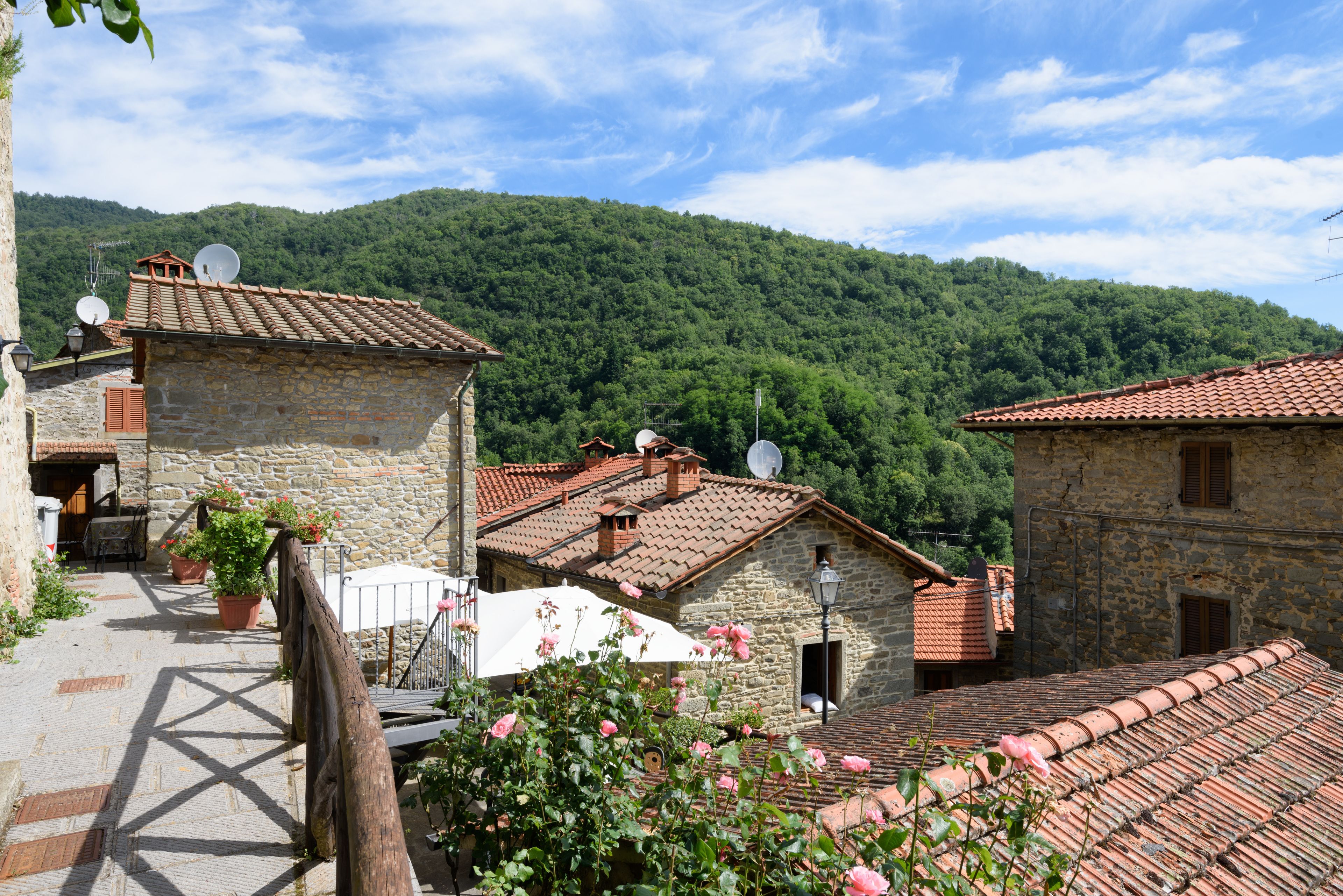 A stone building with a tiled roof, satellite dishes, and a view of a forested hill.