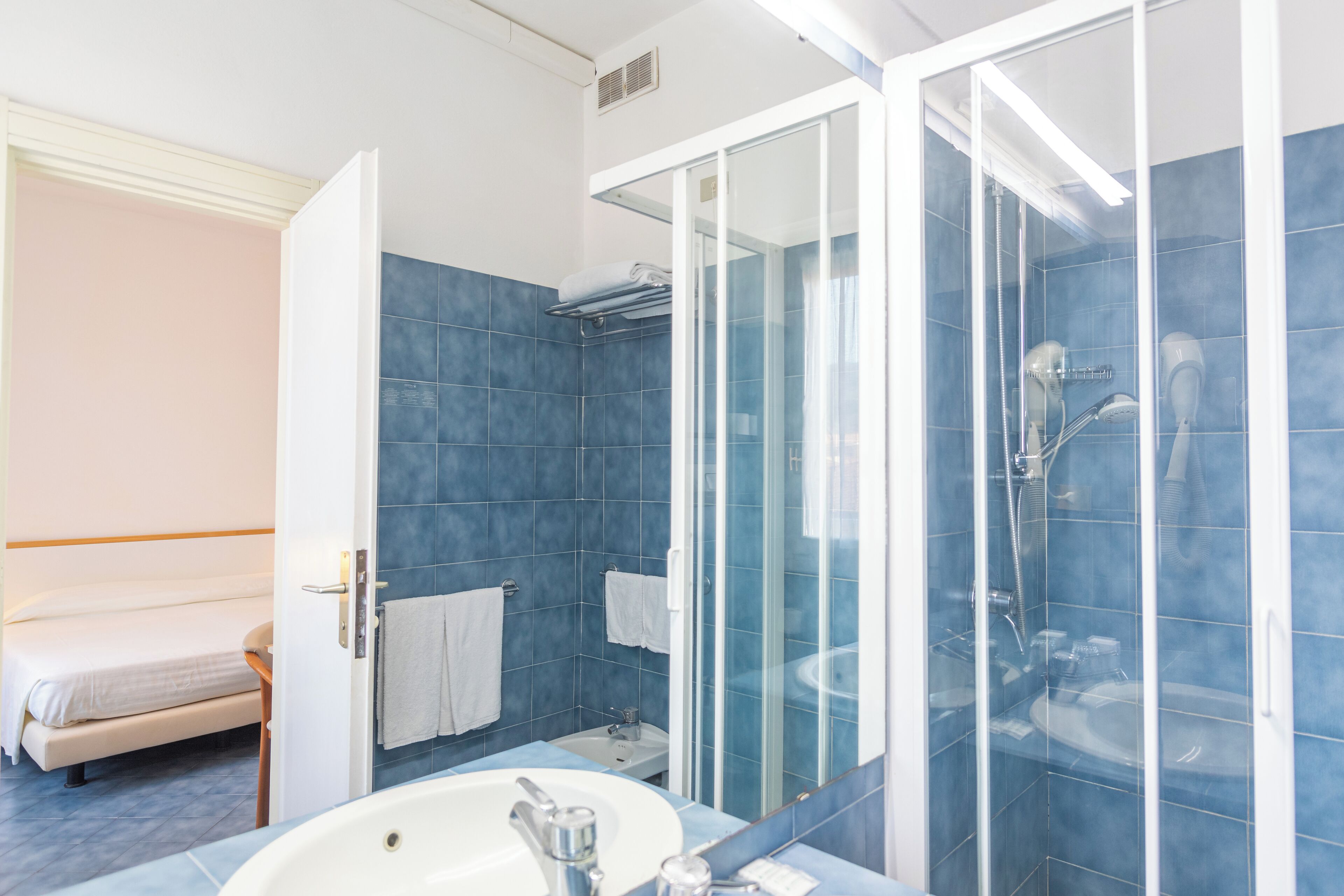 Un baño moderno con ducha de vidrio, un lavamanos y una cama en la habitación contigua.