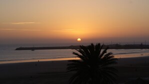 Una playa al atardecer, con una palmera en primer plano.