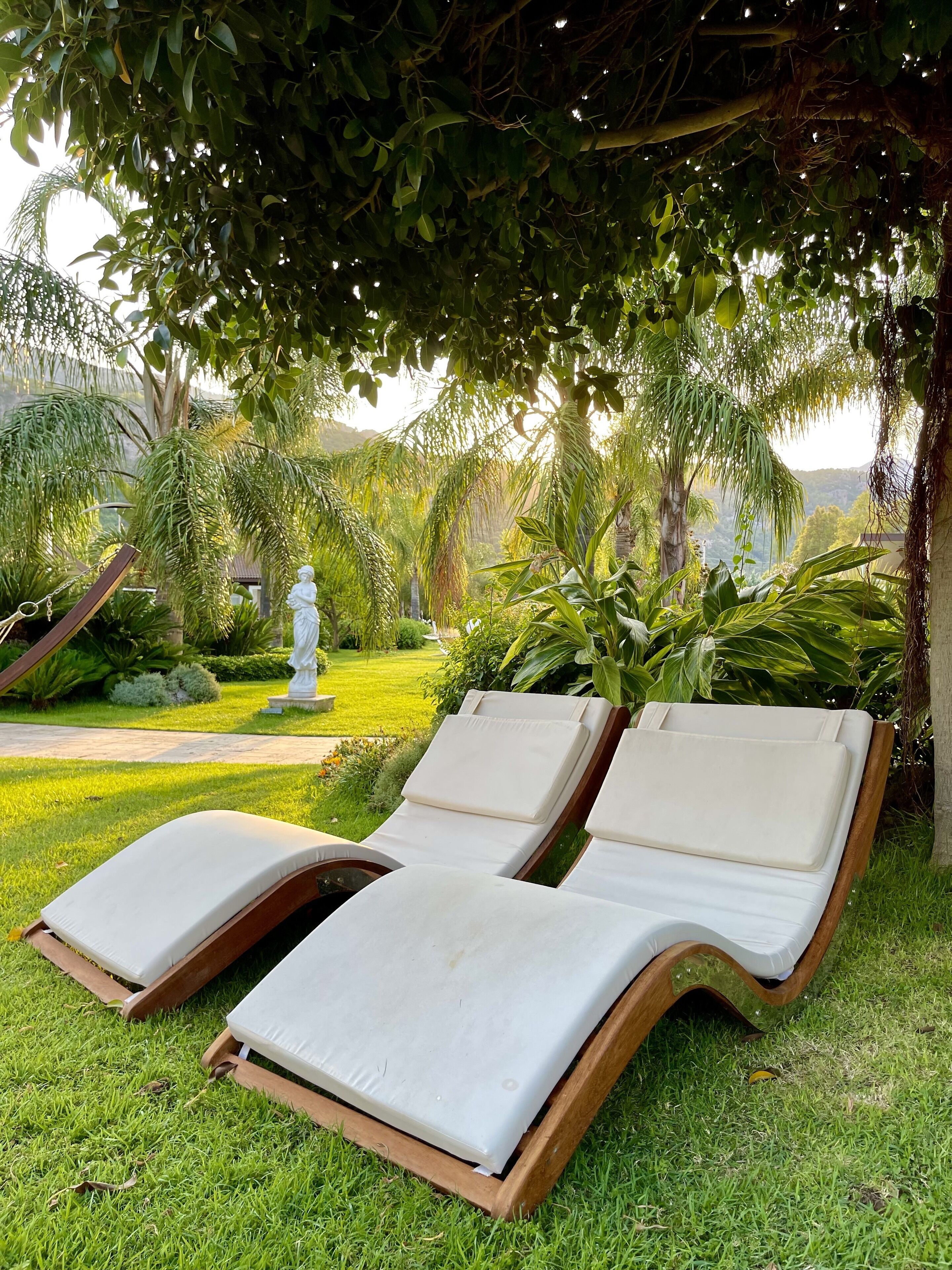 Un jardín con tres sillones de madera bajo un árbol.