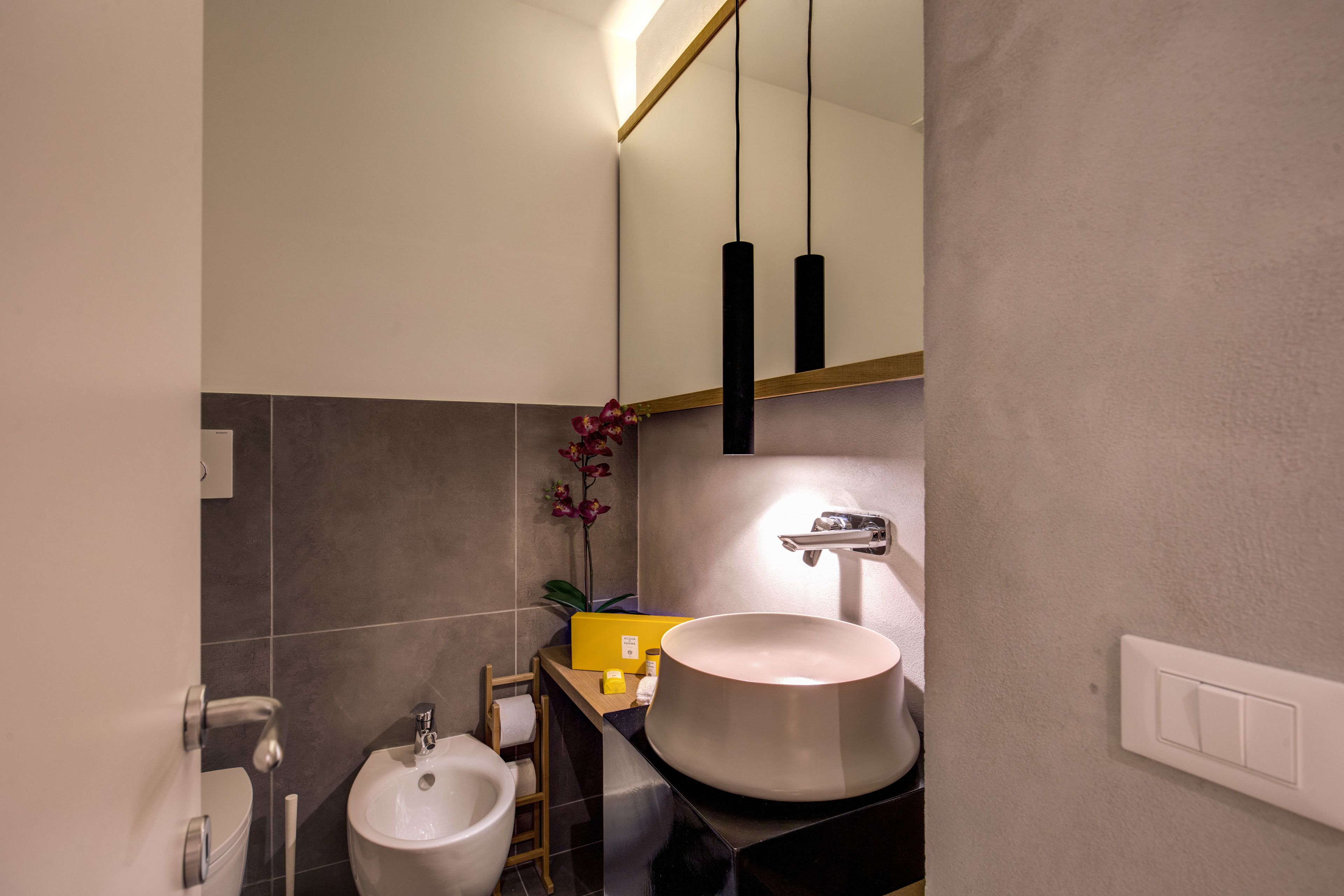 A modern bathroom with a large vessel sink, a bidet, and a mirror with pendant lights.