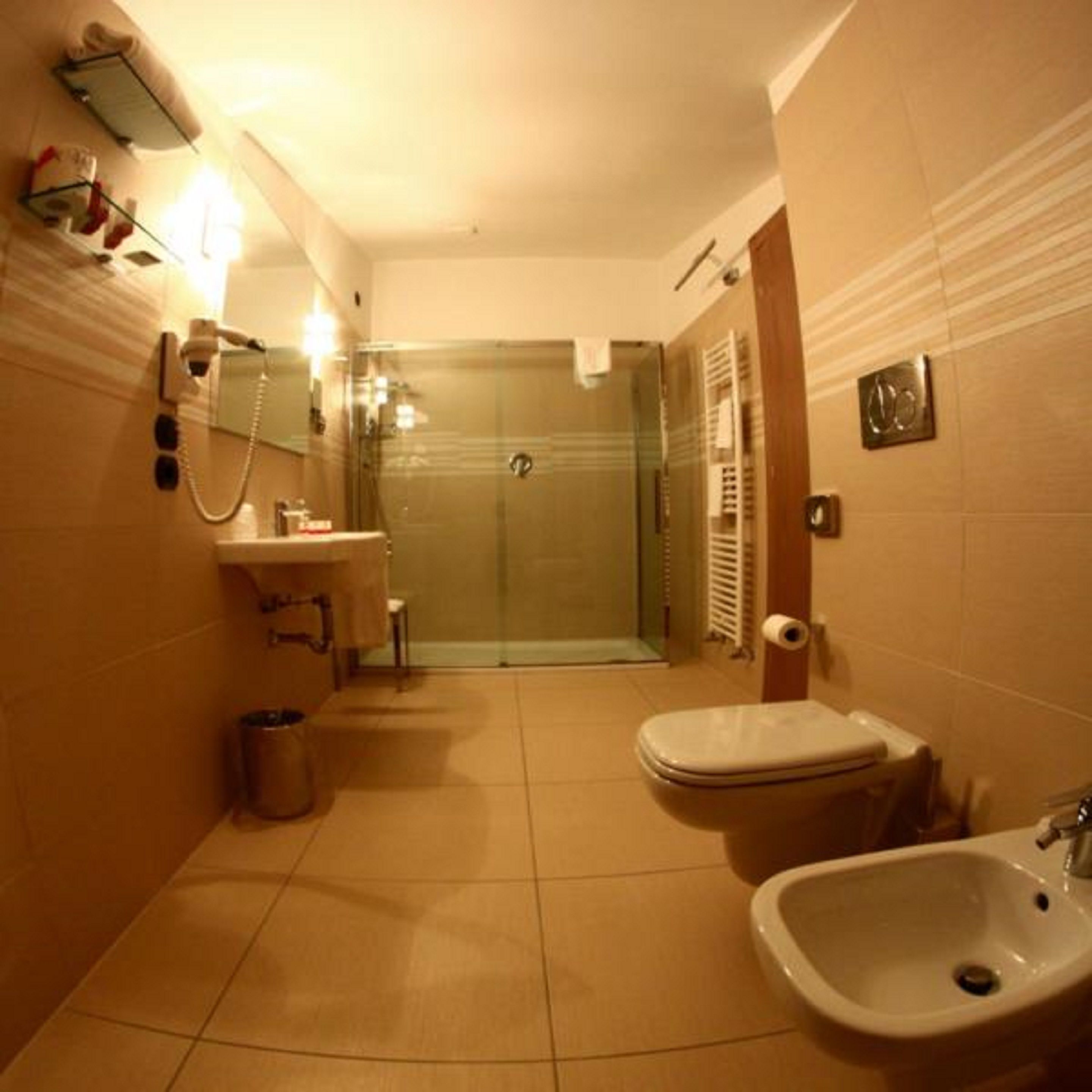 shower, free toiletries, bidet, towels