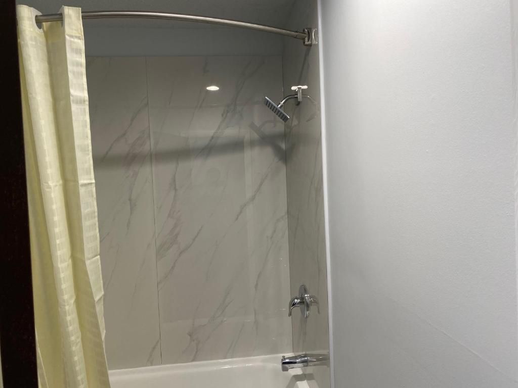 A shower with a curved glass door, a handheld showerhead, and a wall-mounted faucet.