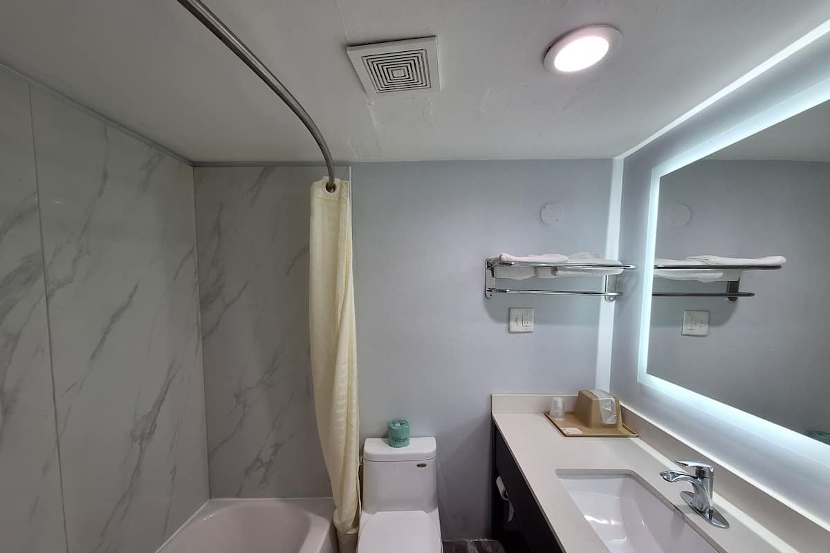 Combined shower/tub, free toiletries, towels