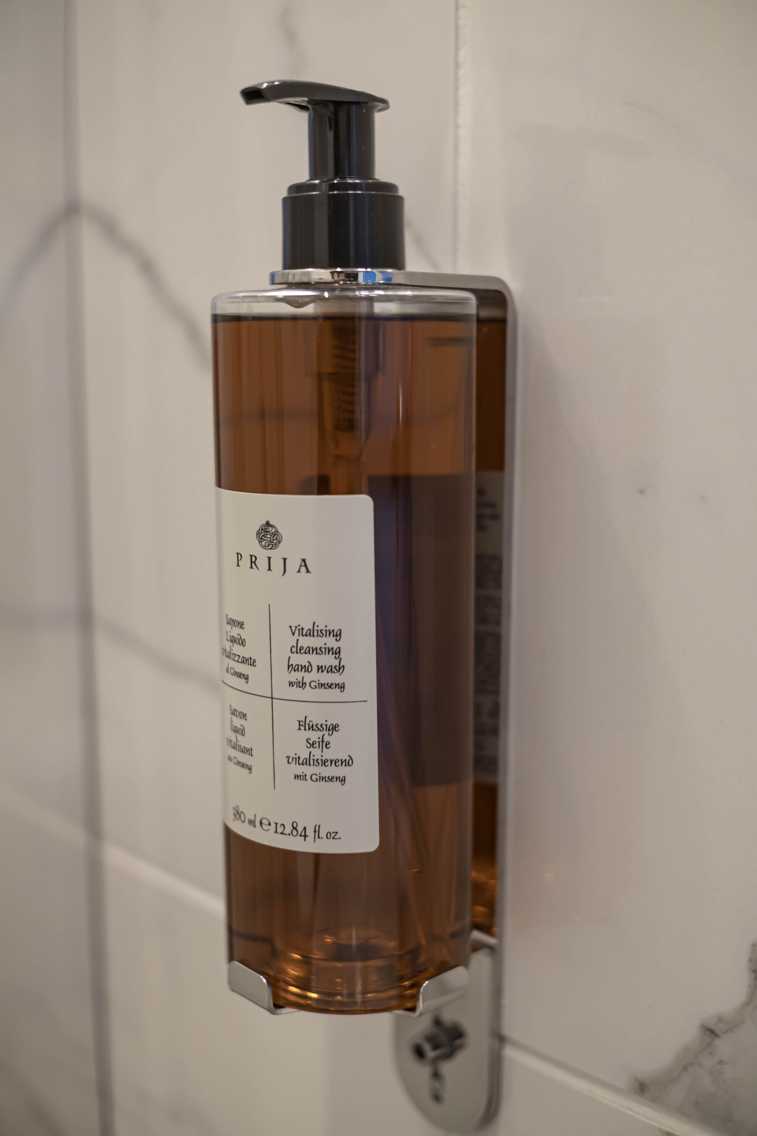 A bottle of PRIJA Vitalising cleansing hand wash with Ginseng.