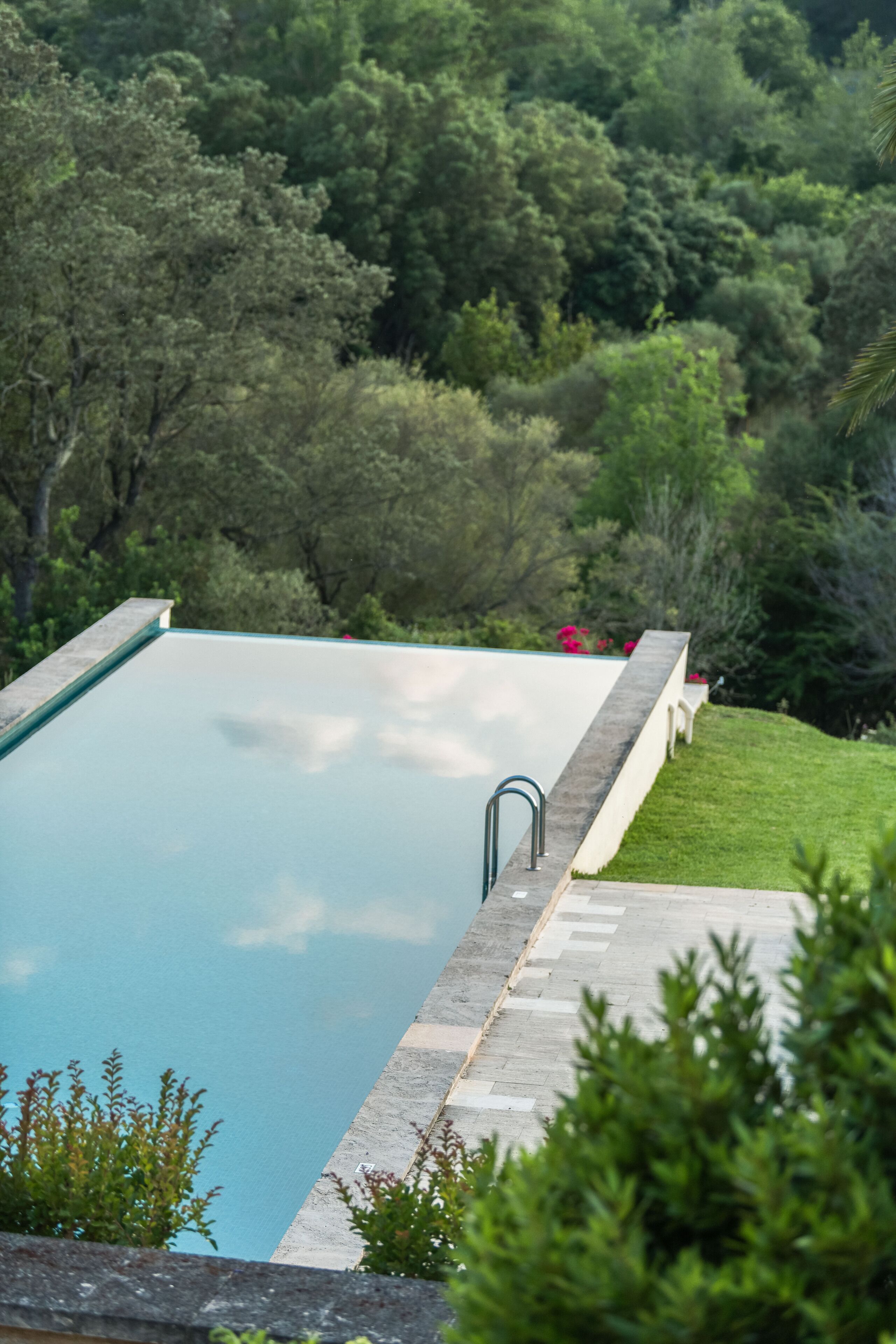 Una piscina rectangular con borde de piedra, rodeada de césped y árboles frondosos.