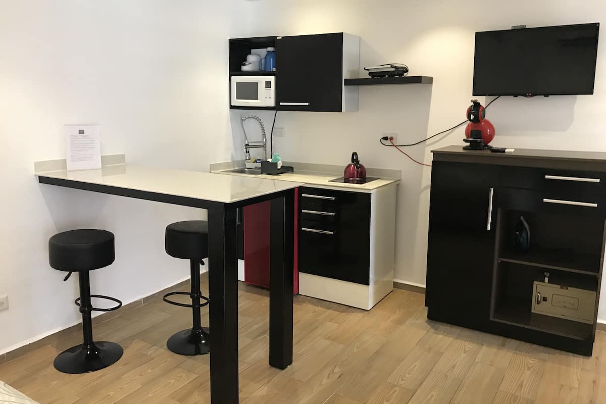Estudio, 1 cama matrimonial, cocina | Cocineta privada | Refrigerador con congelador, microondas y parrilla de estufa