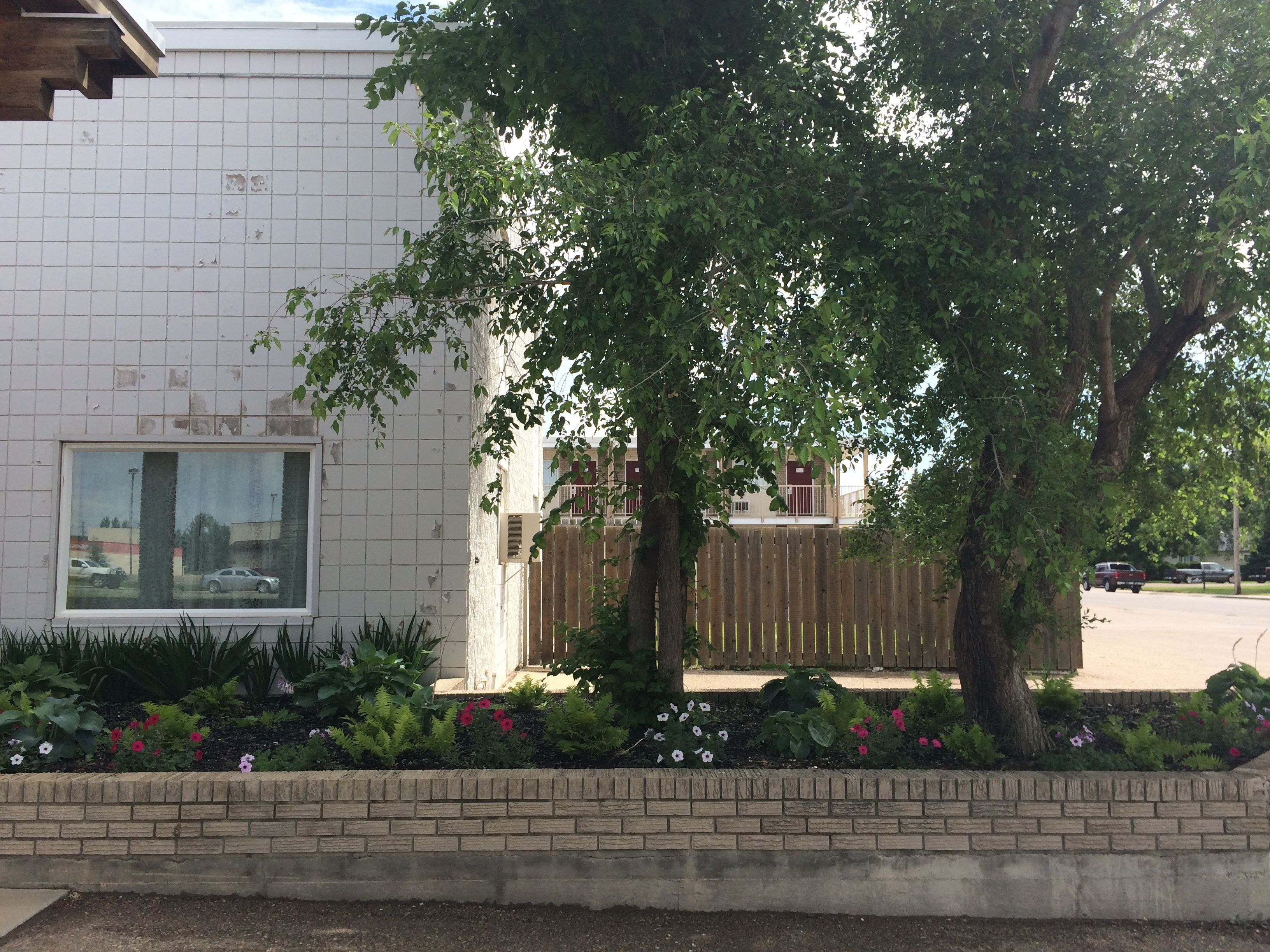 Un edificio con fachada de tejas, una ventana y un jardín con diversas plantas y flores.