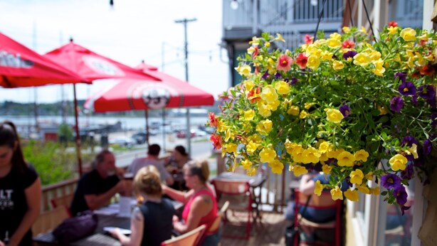 Een terras met rode parasols en een bloemarrangement.