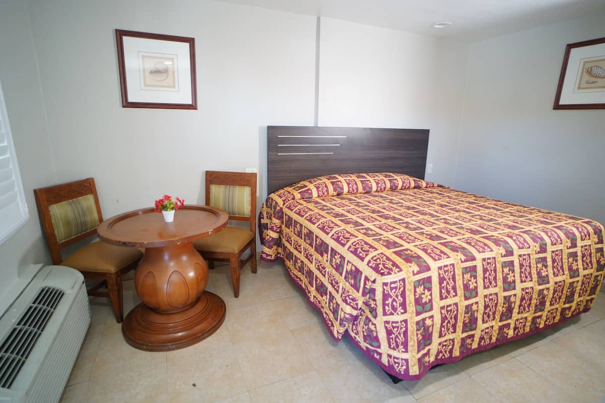 A hotel room with a large bed, a wooden chair, a round table with a vase of flowers, and a wall-mounted air conditioner.