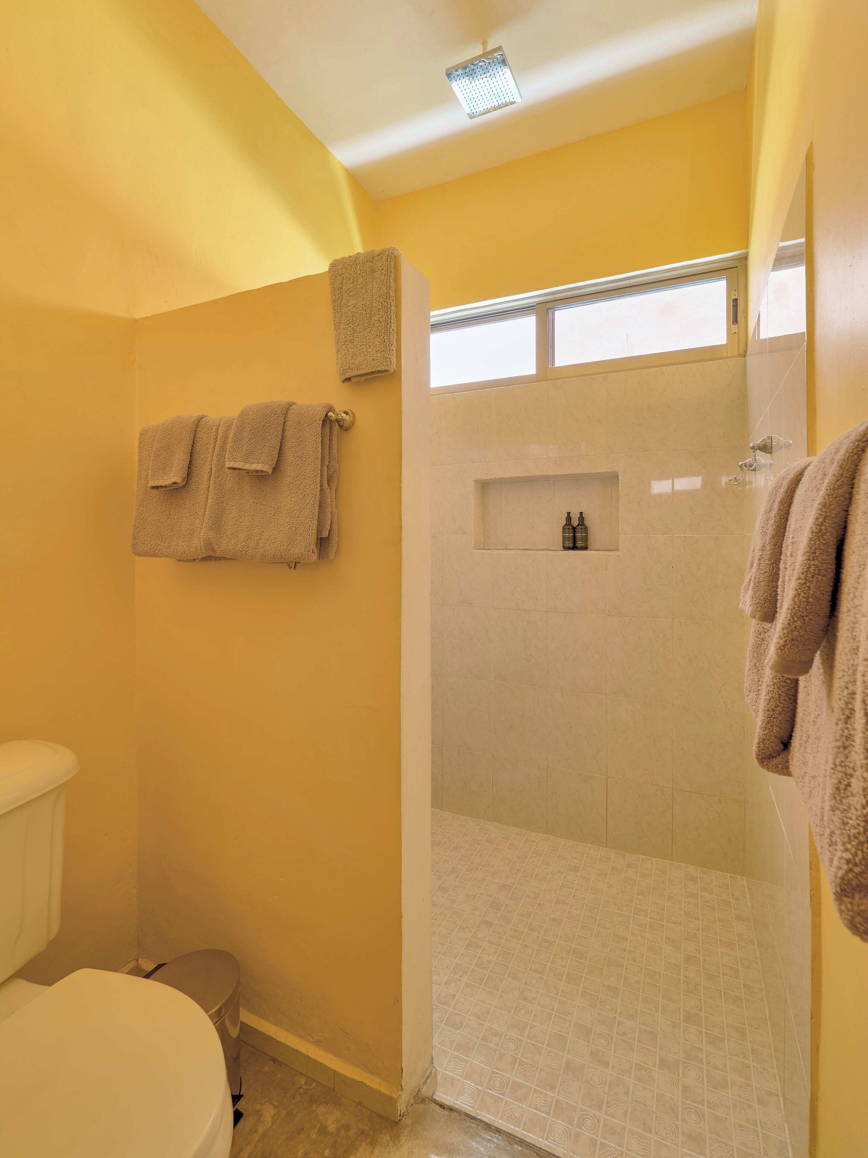 A bathroom with a toilet, a shower, and a towel rack.
