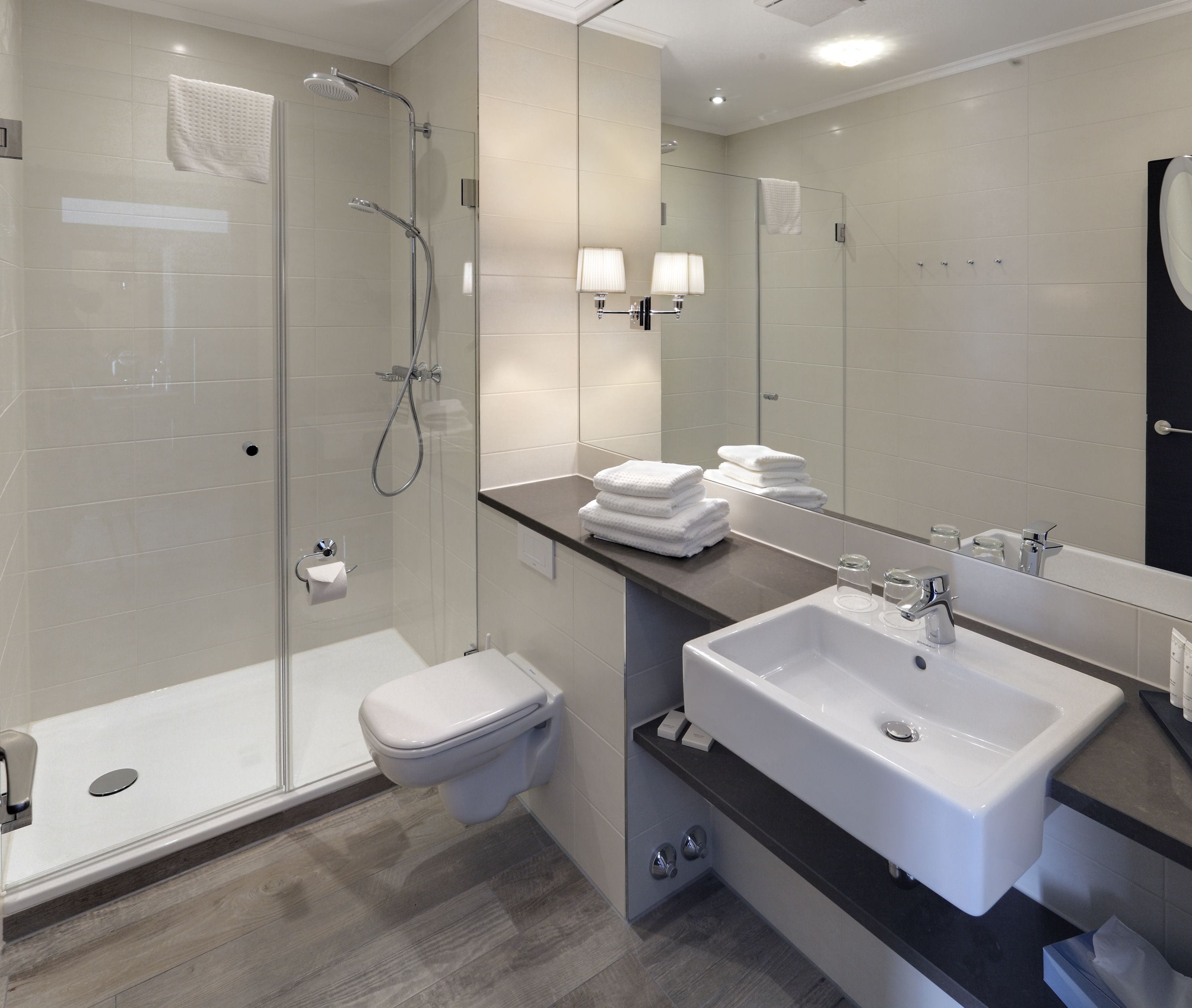 shower, rainfall showerhead, hair dryer, bathrobes