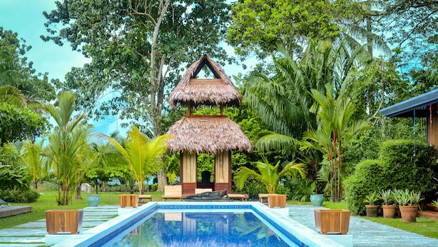 A pool with a thatched-roof structure and seating, surrounded by lush greenery. - Blue Osa Beach Resort and Spa (Puerto Jiménez)