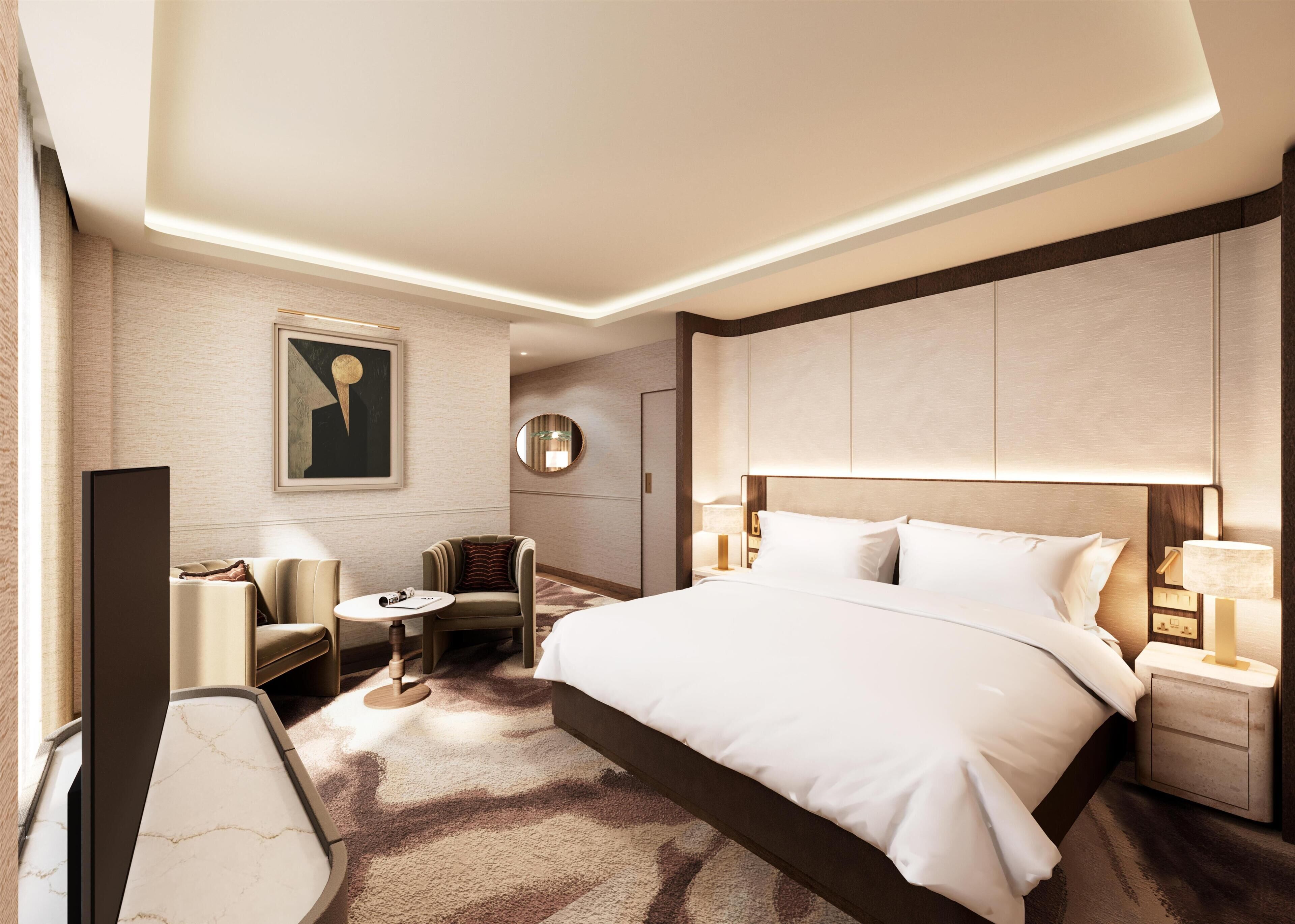 Kamer, 1 kingsize bed, uitzicht op stad | Luxe beddengoed, een kluis op de kamer, een bureau, een laptopwerkplek