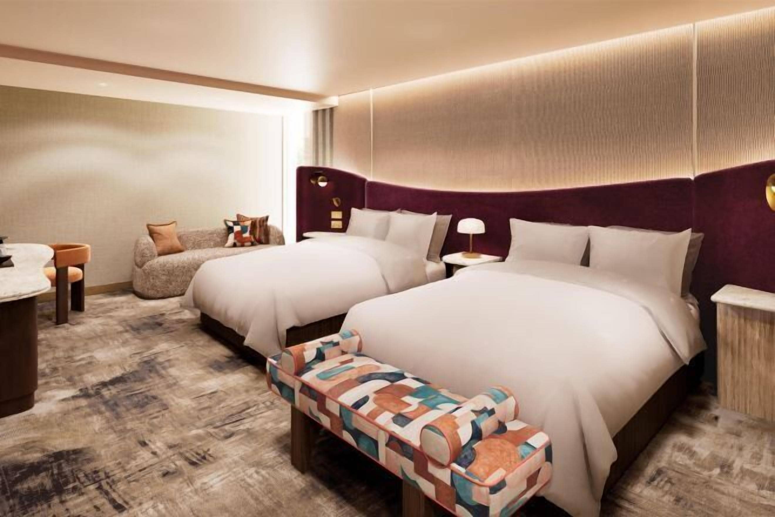 Ylelliset vuodevaatteet, tallelokero huoneessa, työpöytä