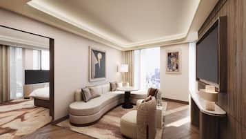 Quarto, 1 cama King | Área de estar | TV LED