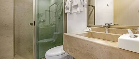 Shower, free toiletries, hair dryer, towels