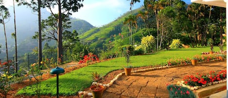 Un jardín ajardinado con un sendero, plantas en macetas y vistas a un paisaje montañoso.