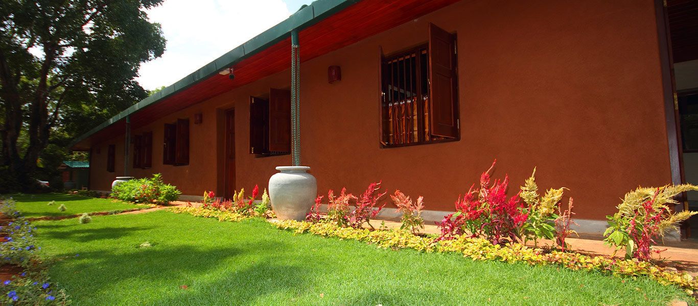 Ein Gebäude mit rotem Dach und einem Garten mit verschiedenen Pflanzen und einer großen weißen Vase.